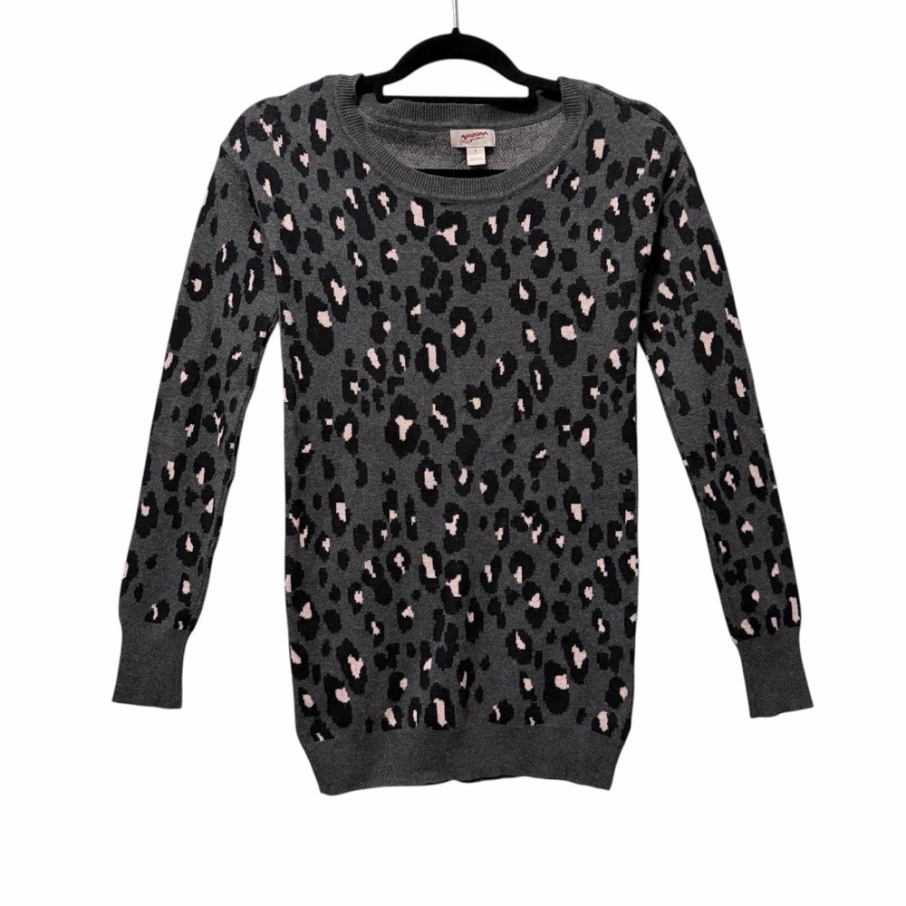 Arizona Gray Leopard Print Knit Crewneck Sweater Size S